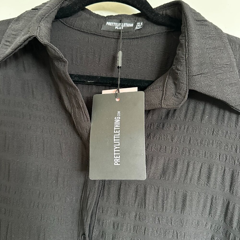 PrettyLittleThing Black Textured Ruched Side Midi Shirt Dress Size 14 - NWT - Picture 7 of 7